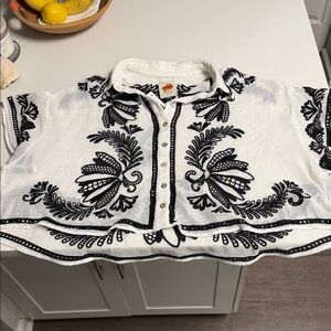 FARM Rio White Black Copacabana Beach Off-White Fishnet Blouse